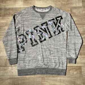 Womens Pink Graphic Logo Sweater Victoria Secret Gray Size XS
